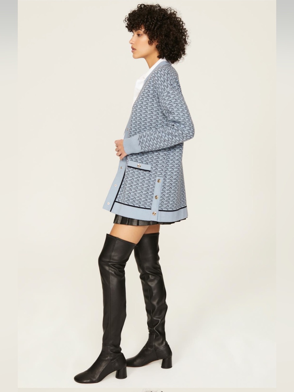 Sandro Light Blue Patterned V-Neck Button Front Cardigan long